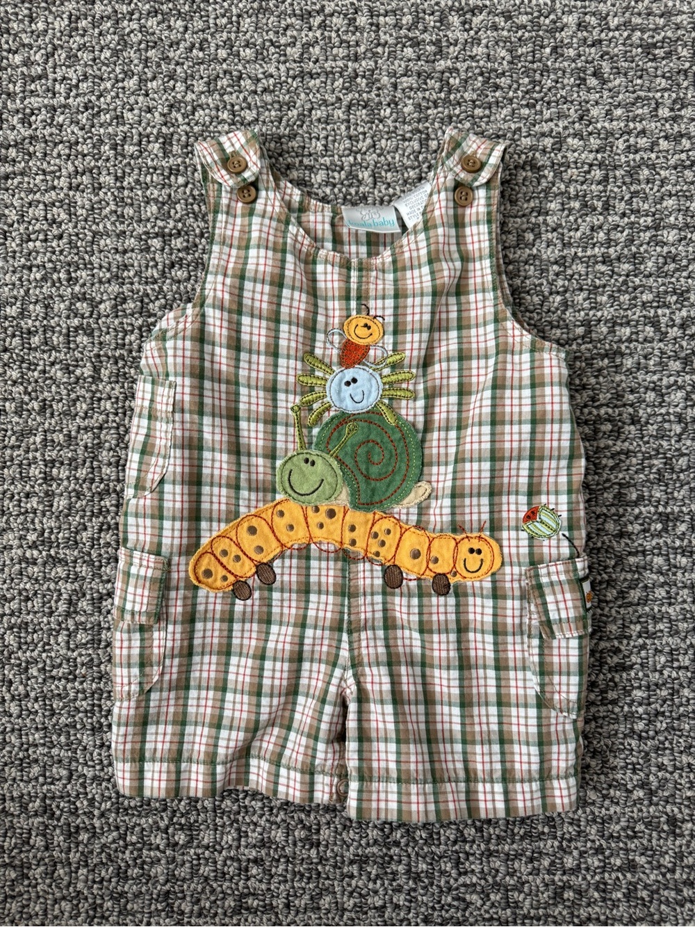 Koala Baby Green and Cream Plaid Overalls with Bug Applique
